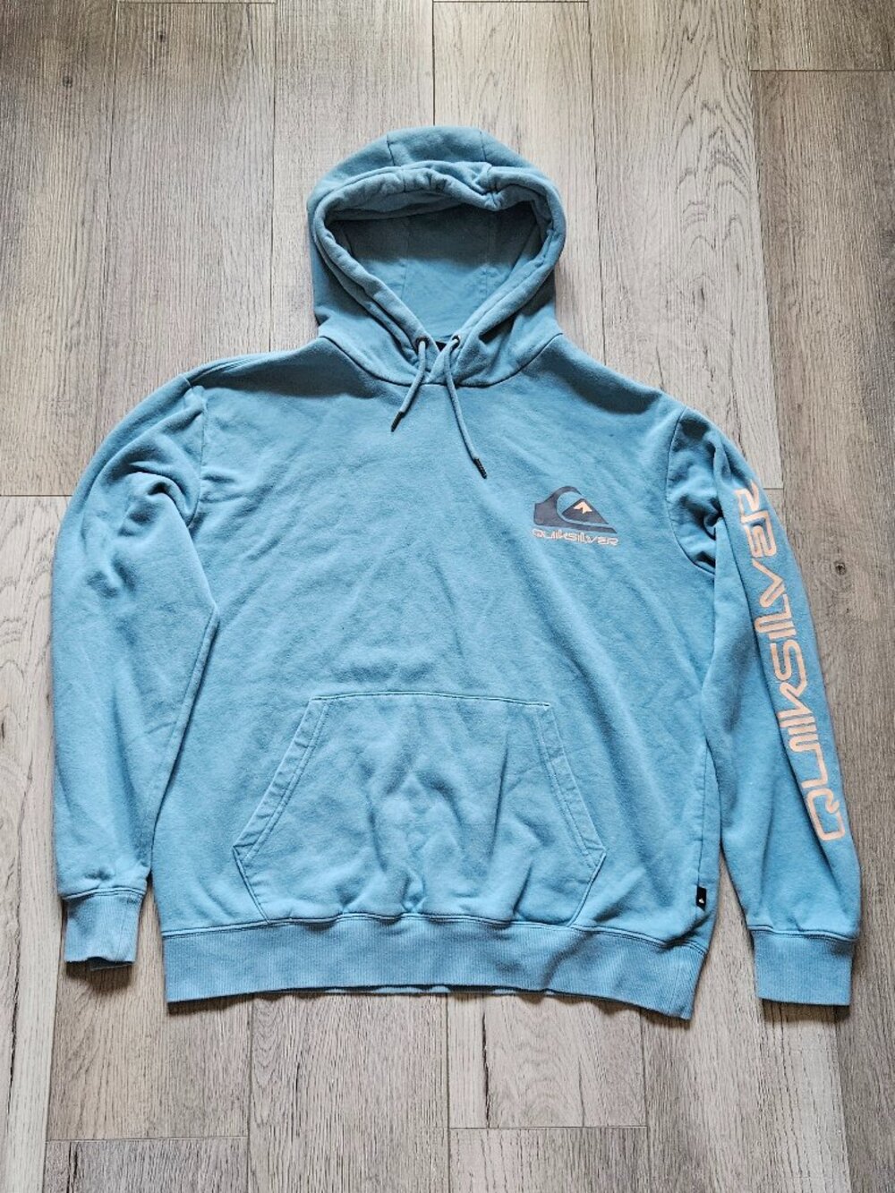 Y2K Quiksilver Mens Medium Slate Blue Oversized Sleeve Graphic Pullover Hoodie M